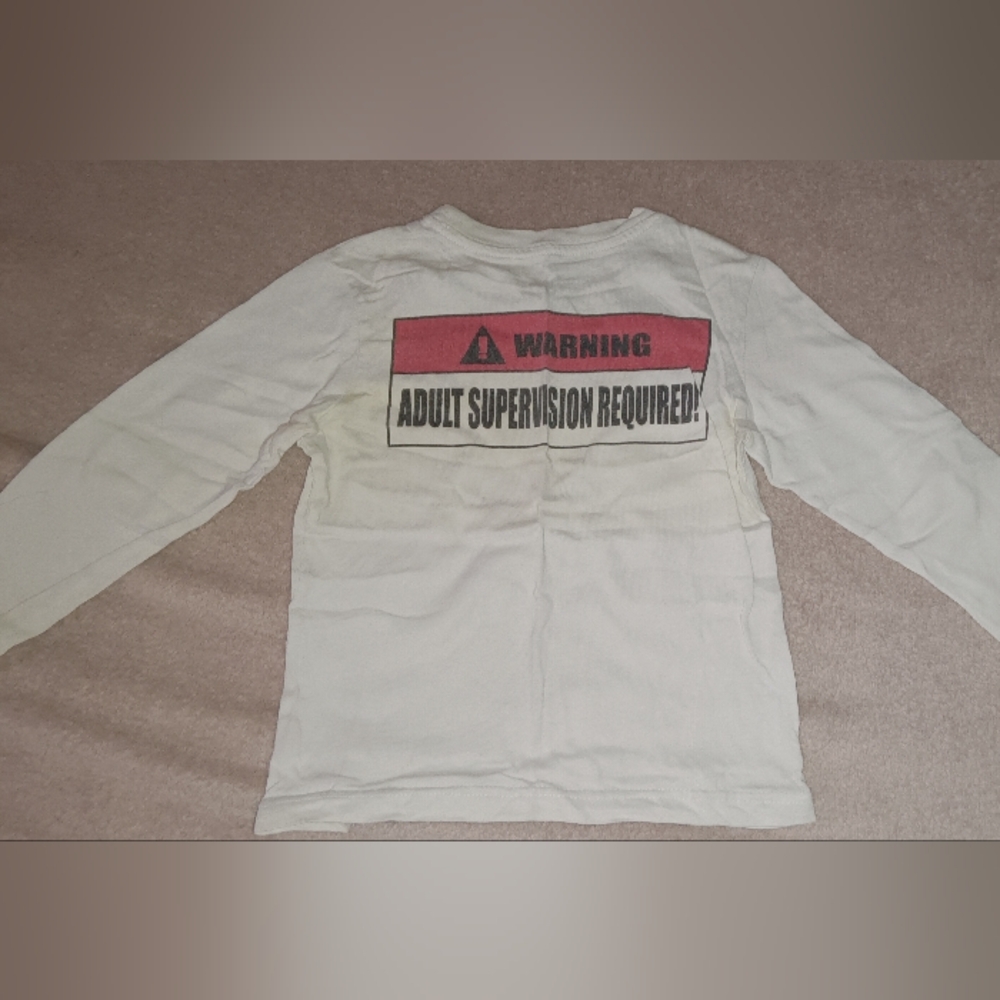 White Long Sleeve Shirt with Warning Graphic